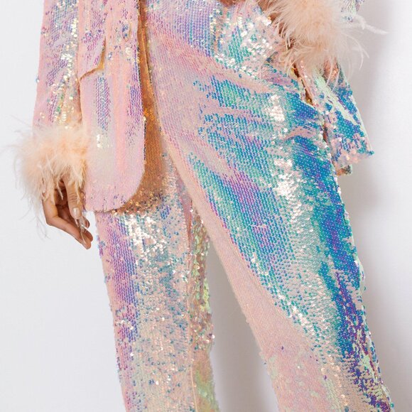 Premium Sequin Feather Trim Flare Pants disco boho party - Picture 3 of 11